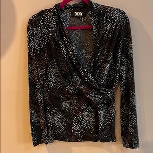 DKNY Black and White Speckle Wrap-Front Long Sleeve Top Bold Print Size M
